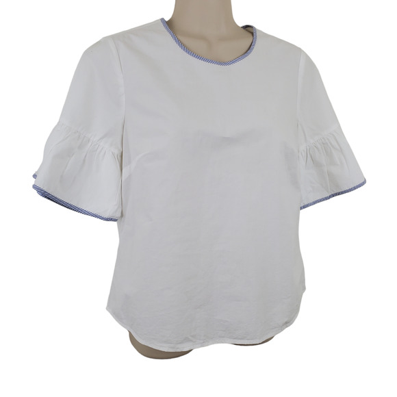 J. CREW | BABY DOLL BUTTON DOWN BACK BELL SLEEVE COTTON WHITE STRIPE TOP WOMEN 0 - Picture 4 of 17